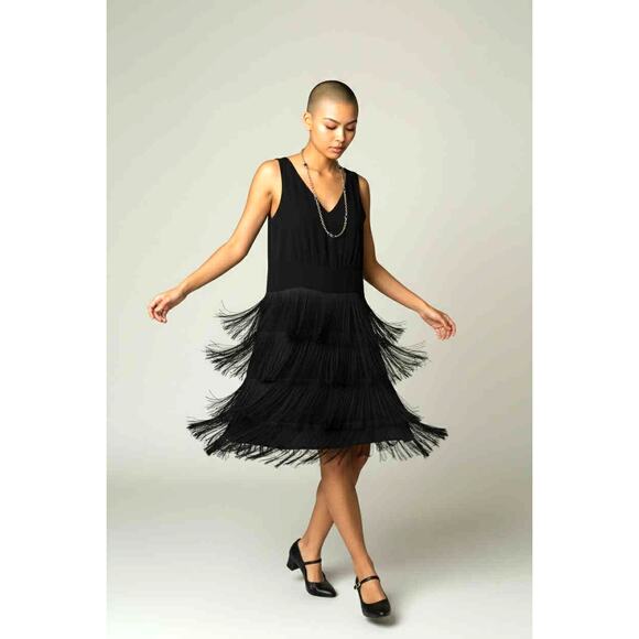 Vintage Lilli Diamond Black Fringe Cocktail Dress 60s 70s Crepe Slvless Flapper - Picture 4 of 6